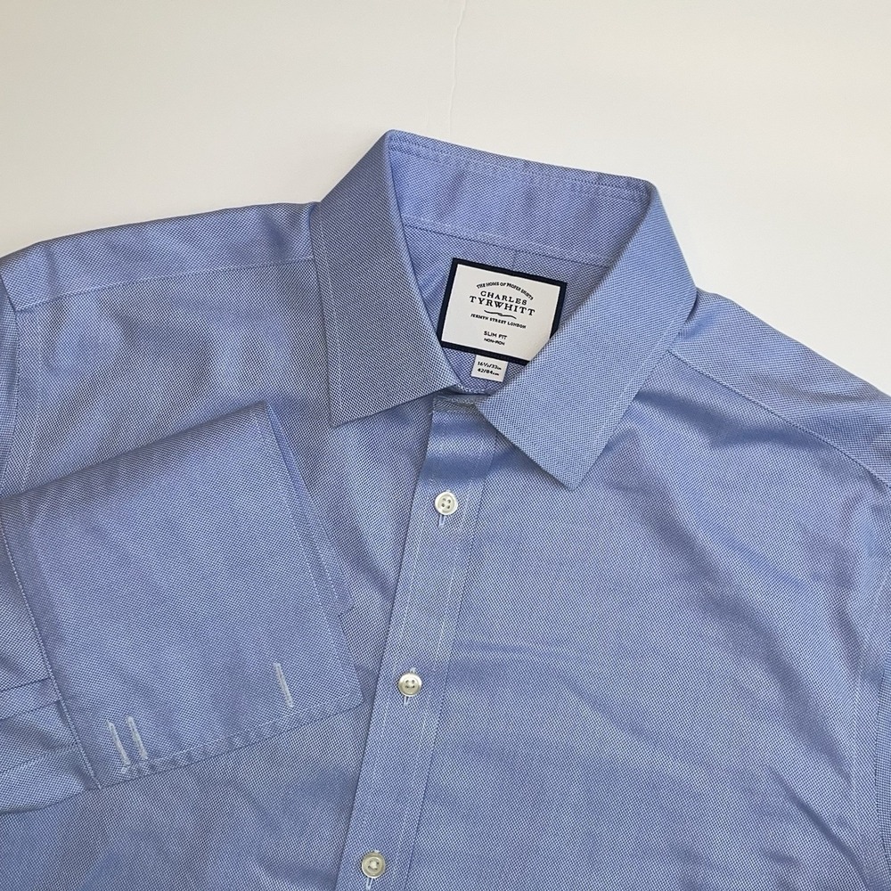 Charles Tyrwhitt Dress Shirt 16.5‎ 33 Slim Fit Blue Non Iron French Cuff Cotton